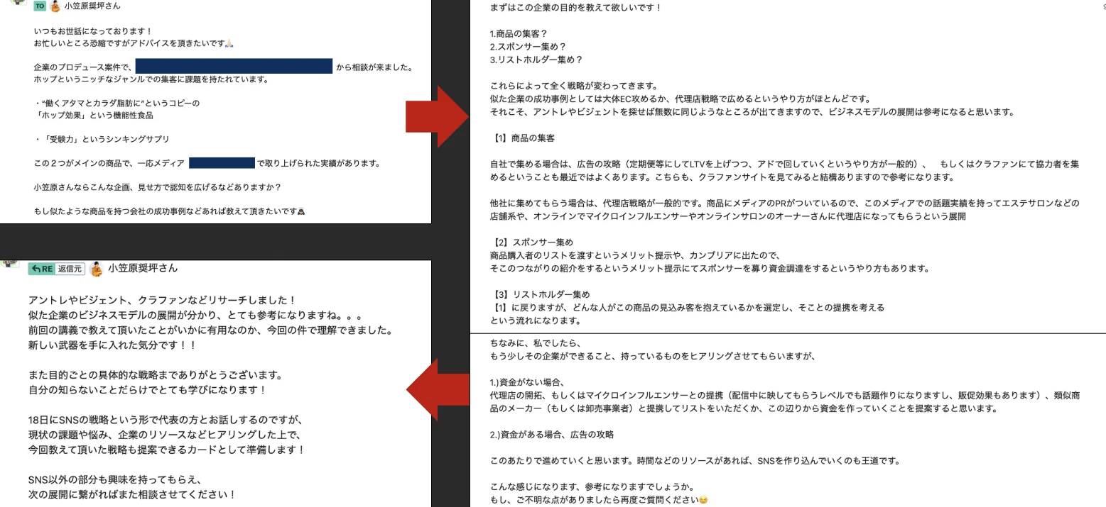 チャットでのやり取りの例